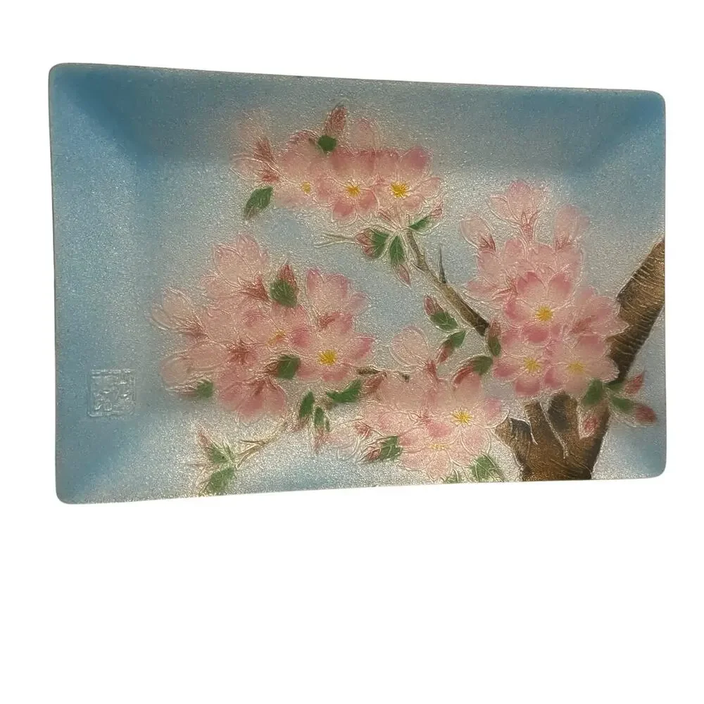 RARE Shippo Japanese Kishiro Cloisonne Enameled Tray Cherry Blosssoms Trinket